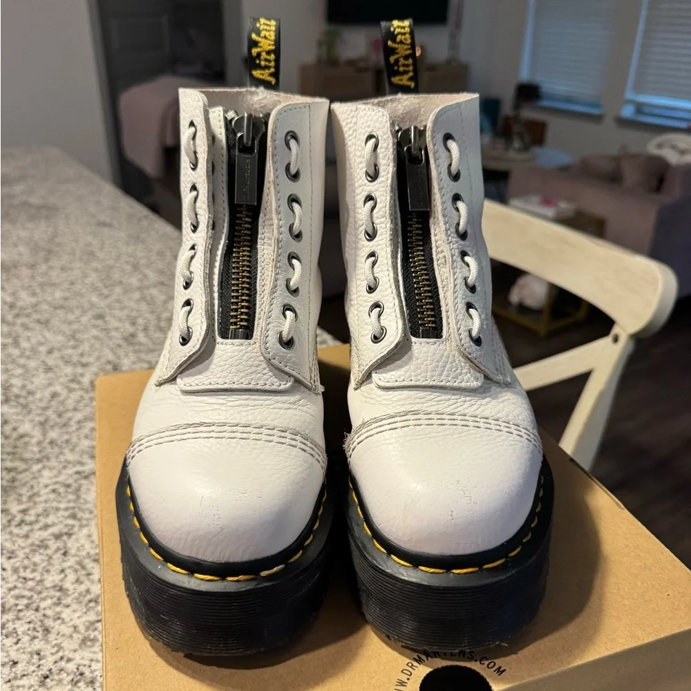 Dr. Martens White Leather Platform Zip Ankle Boots with Yellow Stitching